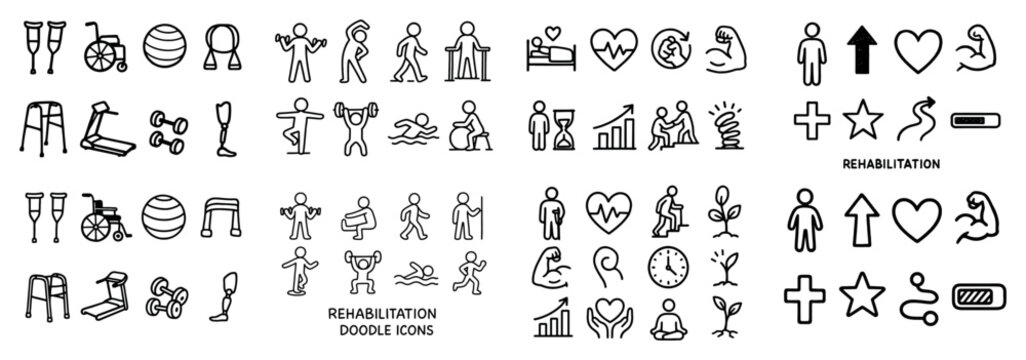 Rehabilitation doodle icons for physical therapy
