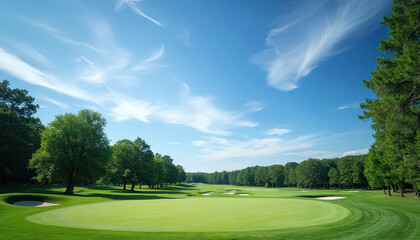Perfect green golf course with manicured grass, sand bunkers, and tall trees under a blue sky with wispy clouds. A peaceful landscape for outdoor sports.