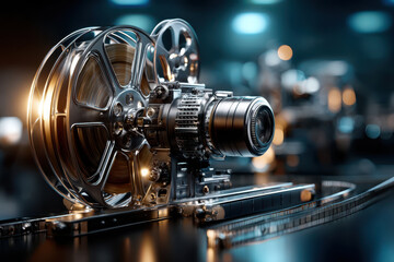 Vintage film camera and reel highlighting cinematic history and artistry in a studio setting