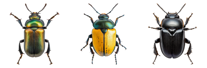 Three colorful beetles displayed in a row, each exhibiting unique textures and hues