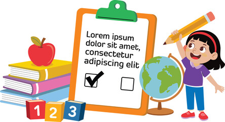 Cute girl holding pencil with school checklist, educational cartoon illustration featuring books, globe, clipboard, learning supplies for back to school