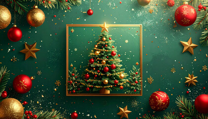 Festive Christmas display featuring a decorated tree in a frame with gold and red ornaments