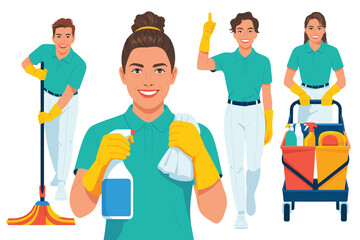 Professional happy cleaning staff team smiling in bright uniform, holding maintenance equipment like a mop, spray bottle, and pushing a service janitorial cart, advertising reliable facility housekeep