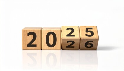 Wooden blocks transitioning from 2025 to 2026 on reflective surface with white background&mdash;symbolic New Year concept for planning, celebration, and reflection visuals.