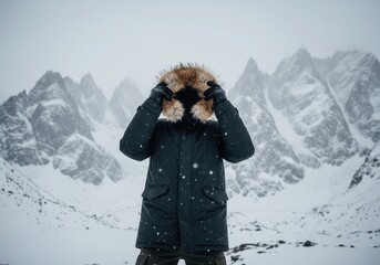 Man in Dark Winter Coat with Fur Hood Standing in Snowy Mountain Landscape