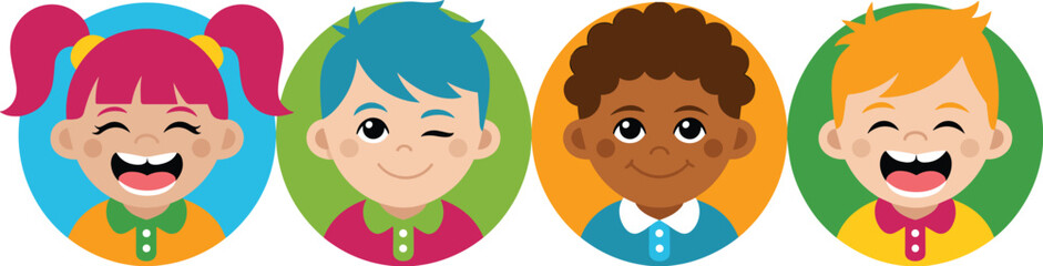 Obraz premium Collection of four diverse, happy children avatars, including boys and girls, depicted in modern, simple, flat vector illustration style with bright colors, suitable for inclusive educational material