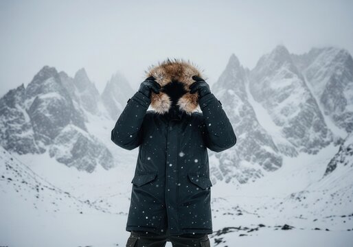 Man in Dark Winter Coat with Fur Hood Standing in Snowy Mountain Landscape