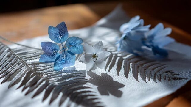 Delicate blue flowers and fern shadows in sunlit still life on white fabric