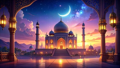 Ornate palace at dusk under a crescent moon, glowing with warm light, viewed through an archway