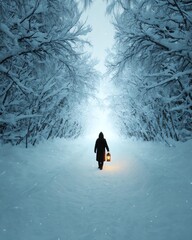 Christmas Day snow landscape capturing peaceful winter charm A lone figure walks through a snowy path, illuminated by a lantern, surrounded by frosted trees.