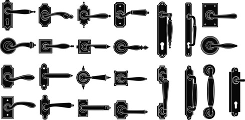 Fototapeta premium Vintage door handle silhouette set, ornate keyhole plate icons, antique hardware collection, black white vector, cad drawing flat vector illustration