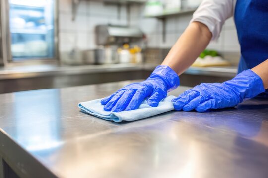 Clean Kitchen Surface: A person meticulously cleans a stainless steel surface with a soft cloth and protective gloves, maintaining hygiene and order.