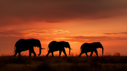 Fototapeta premium Three elephant silhouettes walking across the savanna at sunset