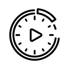 Black and white line icon representing video playback timer or loading progress with a play button symbol inside a clock face