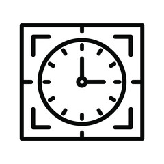 Black and white line art icon of a clock face centered within focus frame or target square, isolated on