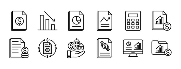 Financial Statements icon set outline. contains Dollar Document, Declining Bar Chart, Pie Chart Report, Growth Report, Calculator, profit and loss, financial dashboard,  cash flow Statements, Assets.