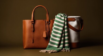 Classic Essentials: A collection of timeless leather handbag, striped towel and unique container, exuding effortless elegance and refined style.
