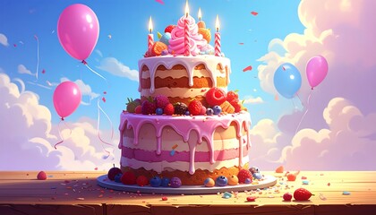 Multilayered cake, pink drip, berries, balloons against cloud sky. Festive birthday treat on wooden surface