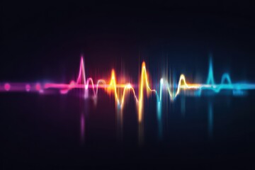 Sonic Spectrum: A vibrant wave form of sound pulses with colorful energy against a black backdrop. Illustrating the dynamic rhythm and visual manifestation of audio frequency.