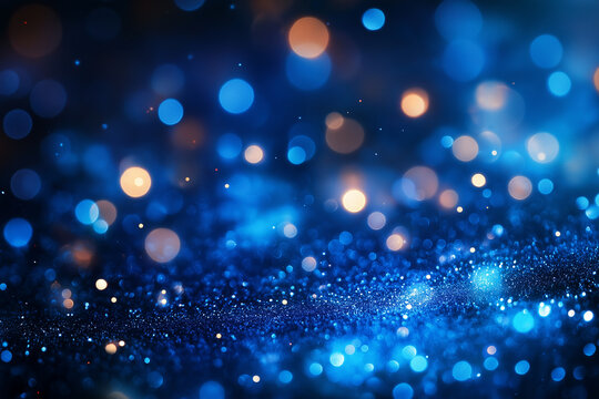 Blue holiday glow abstract bokeh background with bright lights glitter and festive sparkle