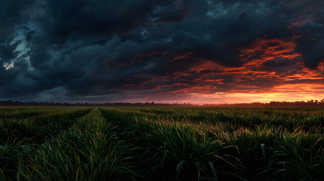 Dramatic sunset over a dark field with ominous storm clouds gathering - Powered by Adobe