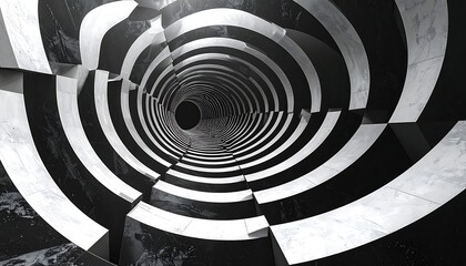 Monochromatic tunnel view with spiraling blocks creates optical illusion, leading to a distant dark center