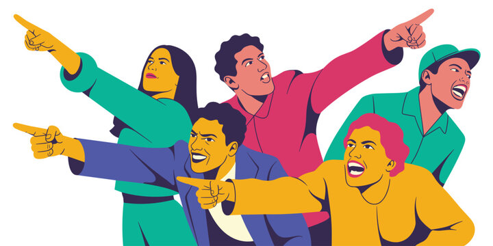 Energetic diverse crowd of young professional men and women cheering and assertively pointing toward an exciting future, symbolizing leadership, direction, motivation, and unified success, rendered in