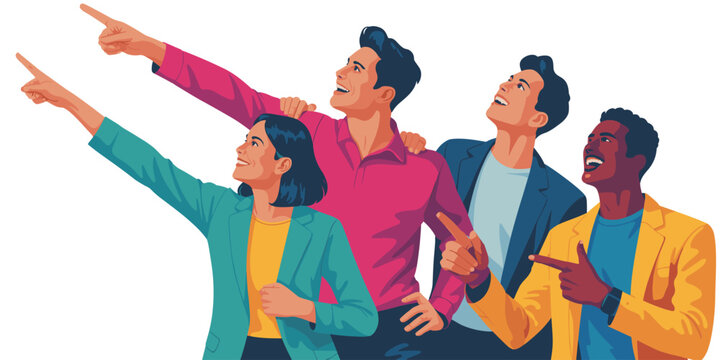 A diverse professional business team of happy colleagues collaborating, standing together, looking upward and pointing forward toward shared future goals and success, illustrating motivation, aspirati