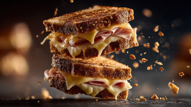 Delicious and crispy toasted bread sandwich with melted cheese, ham slices, fresh ingredients, and appealing presentation for gourmet snack and meal options