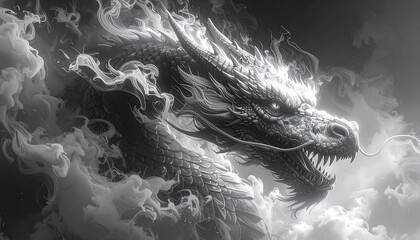 Monochrome dragon amid swirling smoky clouds, scales glistening, teeth bared, a fantastical creature in grayscale
