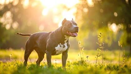 Muscular dog stands in field, bathed in warm sunlight. Tongue out, tail wagging, joyful presence in natural environment