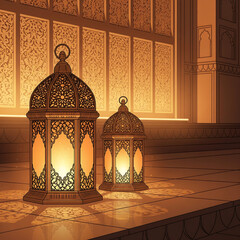 Two Ornate Lanterns Casting Light On A Tiled Floor Islamic Arabian isolated on a transparent background