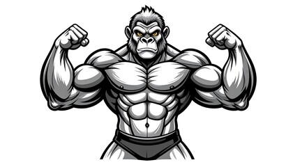 Muscular gorilla illustration flexing, with defined muscle details in gray shades, over a white background