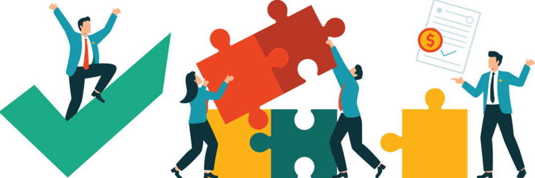 Professional team collaboration assembling a strategic business solution jigsaw puzzle, signifying successful achievement, reaching corporate goals, and closing financial deals approved by a large che - Powered by Adobe