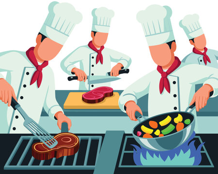 Vector illustration of a skilled culinary team preparing gourmet meals in a professional restaurant kitchen, featuring chefs grilling a prime ribeye steak, cutting raw beef, and tossing fresh, colorfu