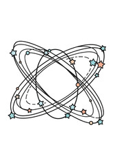 Abstract orbital atom illustration with intersecting rings and star accents in a scientific vector design.