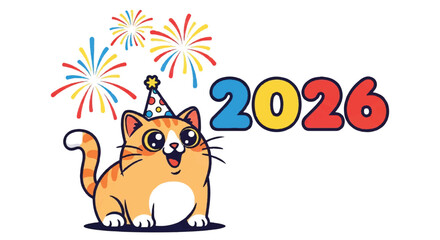 Cheerful cartoon corgi wearing a party hat beside colorful 2026 fireworks.