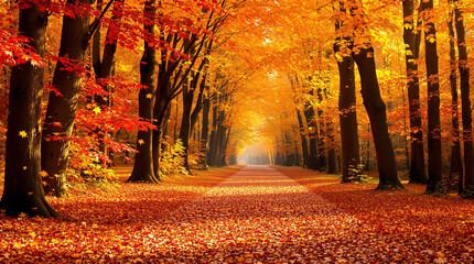 Autumn Path: A scenic view of an autumn road, lined by tall trees with vibrant, orange and red leaves creating a tunnel effect, and pathway in the middle of forest. 