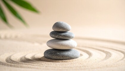 Zen Stone Balance: The image captures a serene composition of four carefully balanced stones stacked artfully against a backdrop of meticulously raked sand, conveying an atmosphere of tranquility. 