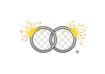 Interlocking wedding rings with celebratory sparkles illustration.
