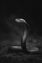 Fototapeta premium Dramatic portrait of a cobra snake in striking pose on a dark background