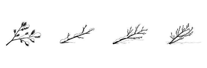 Obraz premium Snow-Covered Branches Doodle Sketch Set. Winter Nature And Seasonal Change In Hand Drawn Style Collection. Illustrates Tranquility And Natural Beauty. Hand Drawn Isolated Vector Illustration