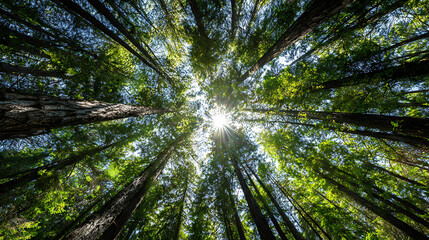 Obraz premium Redwood Forest Canopy with Sunburst Seen From Ground Level Perspective