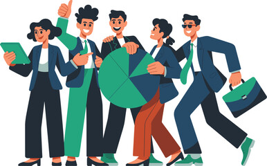 Confident diverse business professionals moving forward together, displaying successful project collaboration and data strategy using a pie chart graph, tablet, and briefcase, symbolizing teamwork, co