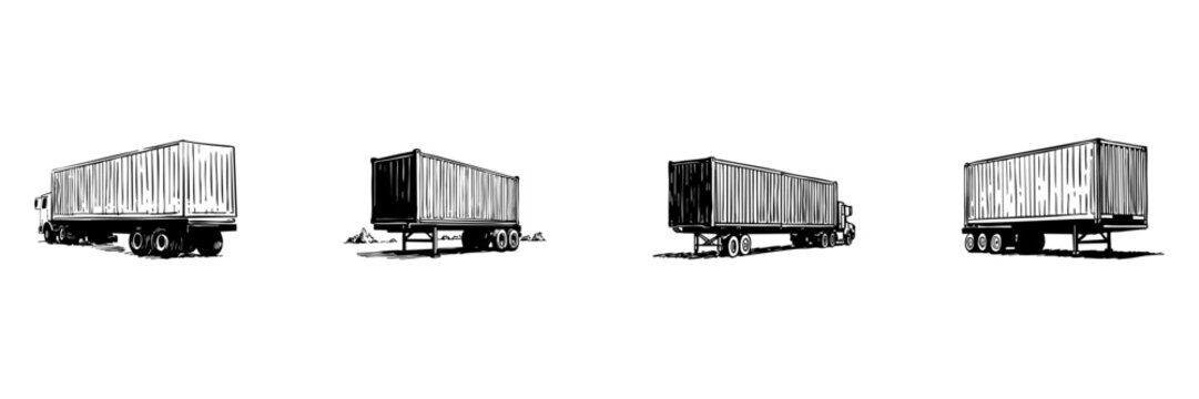Fototapeta Container Truck And Trailer Doodle Sketch Set. Transportation And Logistics In Hand Drawn Style Collection. Cargo Shipping And Freight Hauling. Isolated Vector Illustration