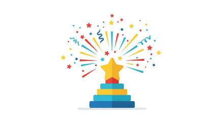 Colorful trophy on a bright podium with fireworks and confetti celebrating achievement and victory.
