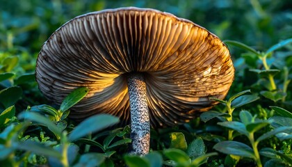 Mushroom gills close up in natural light. Bottom perspective among green vegetation, soft background