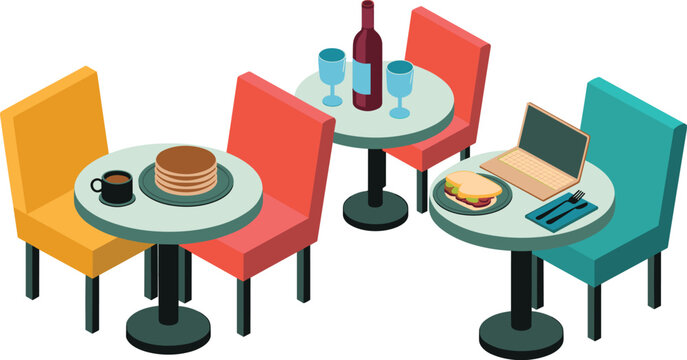 High angle isometric 3D vector illustration of a modern cafe or restaurant layout detailing customer experiences: remote work (laptop, lunch), casual dining (pancakes, coffee), and evening drinks (win