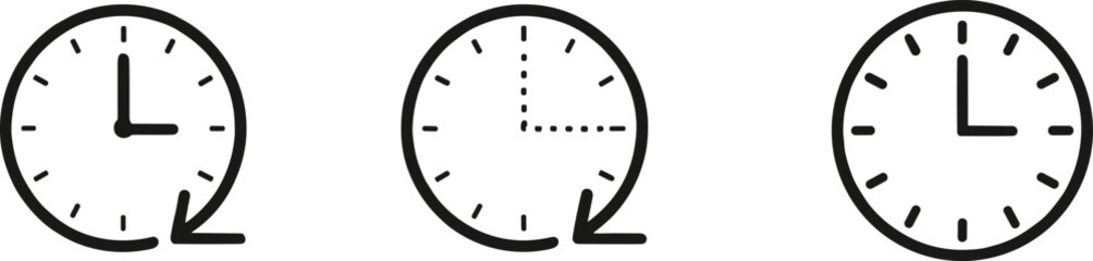 A clean vector set of three black outline clock icons featuring backward circular arrows, representing the concept of turning back time, synchronization, history,
