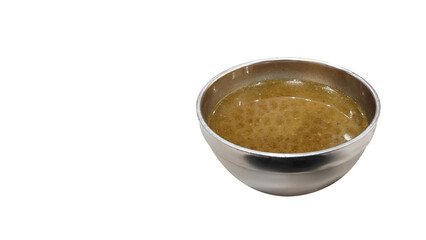 Bowl of hot vegetable or meat soup in metal with transparent background